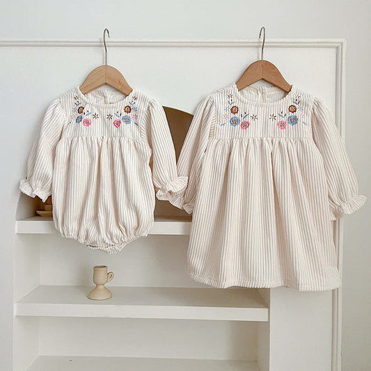 New Spring/Autumn Baby Onesies And Dress For Girls With Long Sleeves And Embroidered Flowers – Princess Sister Matching Set