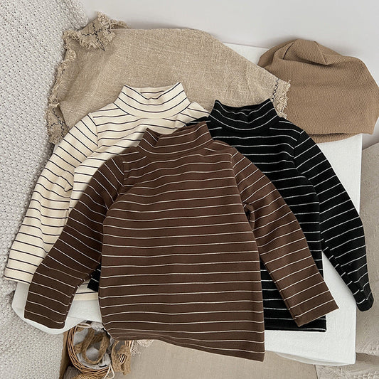 Baby Striped Pattern High Turtle Nack Soft Cotton Comfy Shirt