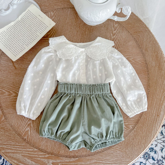 Baby Girl Solid Color Simple Style Doll Neck Shirt With Shorts Sets