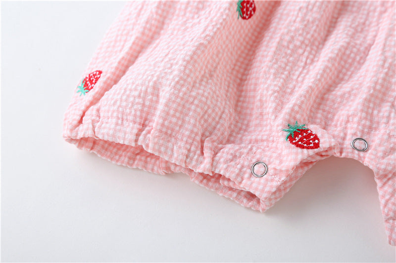 Baby Girl 1pcs Plaid Graphic Strawberries Embroidery Snap Button Jumpsuit & Solid Tee Sets