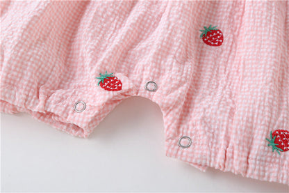 Baby Girl 1pcs Plaid Graphic Strawberries Embroidery Snap Button Jumpsuit & Solid Tee Sets