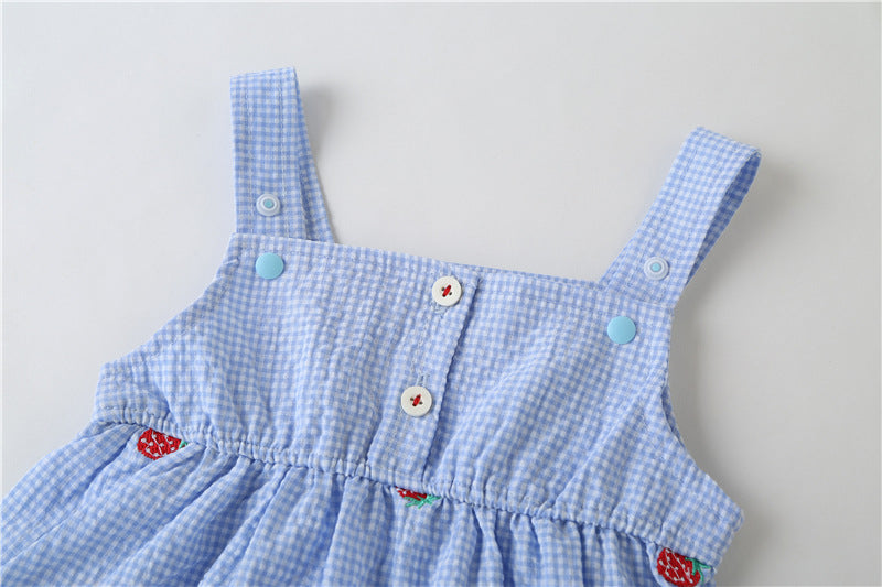 Baby Girl 1pcs Plaid Graphic Strawberries Embroidery Snap Button Jumpsuit & Solid Tee Sets