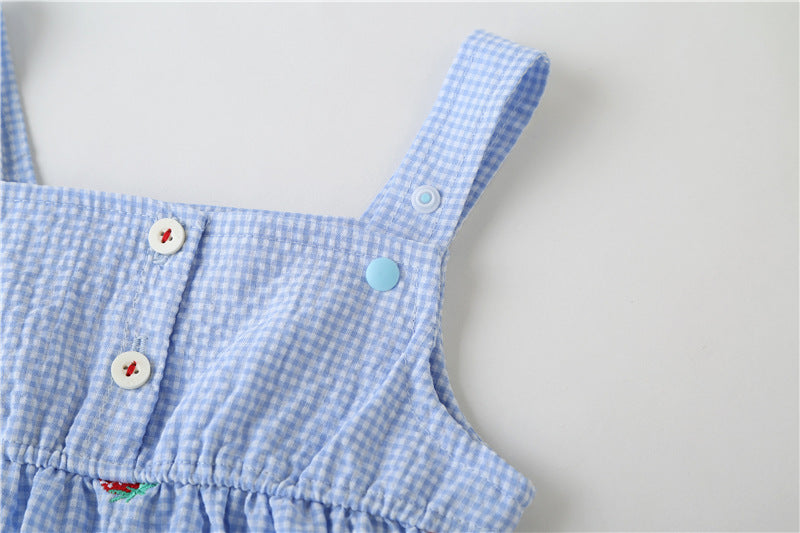 Baby Girl 1pcs Plaid Graphic Strawberries Embroidery Snap Button Jumpsuit & Solid Tee Sets