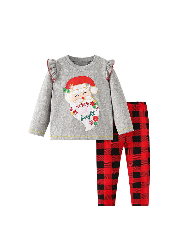 Girls Christmas Cartoon Collection Printing Design Top And Plaid Pants Set