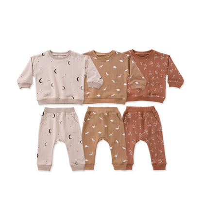 Baby Western Print Pattern Long Sleeve Casual Hoodie Sets Home Clothes