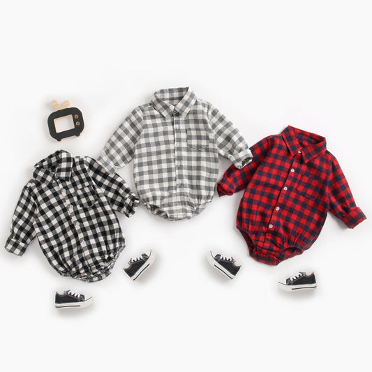 Baby Boy Plaid Pattern Buttoned Shirt With Pockets Long Sleeve Onesies In Autumn