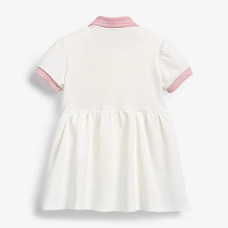 Kids Solid White Patchwork Pink Collar Short-Sleeved Dress