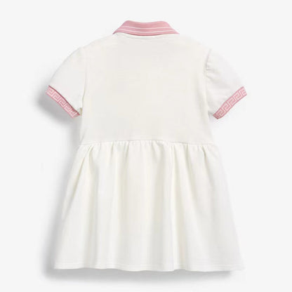 Kids Solid White Patchwork Pink Collar Short-Sleeved Dress