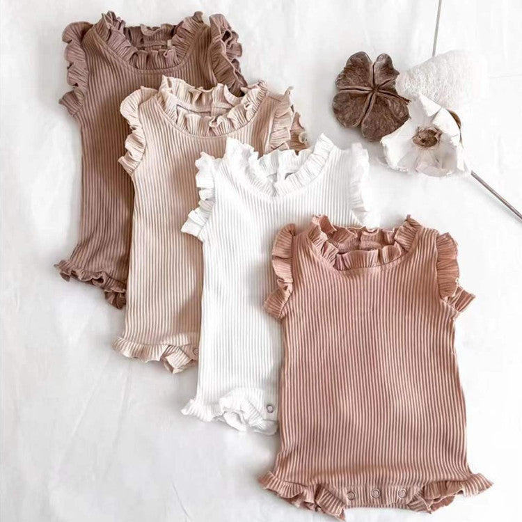 Baby Girl Wood Ear Design Solid Color Sleeveless Round Collar Tops Combo Shorts Sets IN Summer