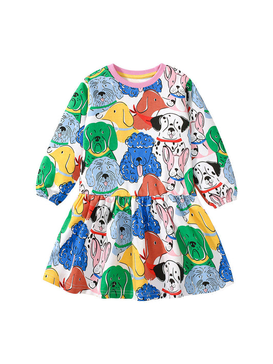 New Design Autumn Girls Vivid Colorful Dogs Pattern Dress