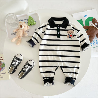 Baby Cartoon Bear Print & Striped Pattern Polo Neck Long Sleeve Romper