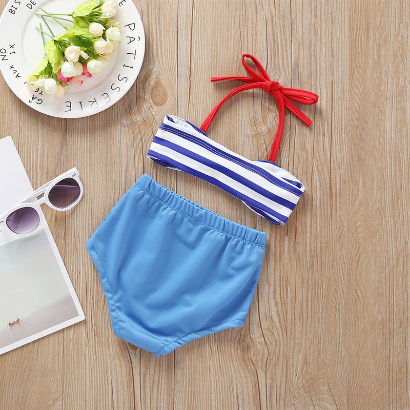 Baby Girl Striped Pattern Bow Tie Design Belted Tops Combo Shorts Swimwear