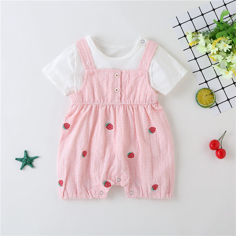 Baby Girl 1pcs Plaid Graphic Strawberries Embroidery Snap Button Jumpsuit & Solid Tee Sets