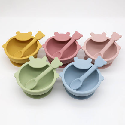 Baby Cartoon Bear Shape Complementary Food Training Silicone Bowl With Spoon Sets