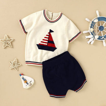 Baby Boy Embroidered Graphic Striped Neck & Sleeve Design Tee Combo Shorts Sailor Style Sets