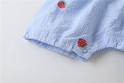 Baby Girl 1pcs Plaid Graphic Strawberries Embroidery Snap Button Jumpsuit & Solid Tee Sets