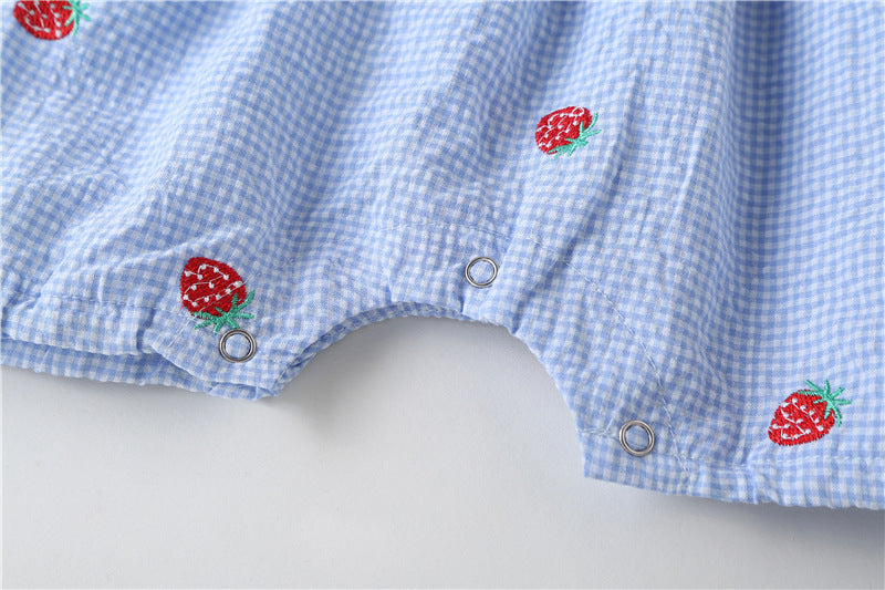 Baby Girl 1pcs Plaid Graphic Strawberries Embroidery Snap Button Jumpsuit & Solid Tee Sets