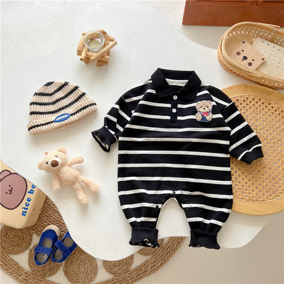 Baby Cartoon Bear Print & Striped Pattern Polo Neck Long Sleeve Romper