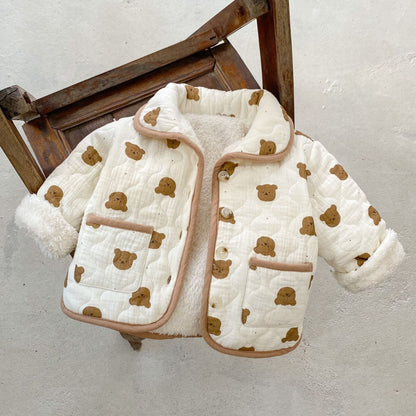 Baby Girl All Over Bear Graphic Quilted Warm Cotton Coat