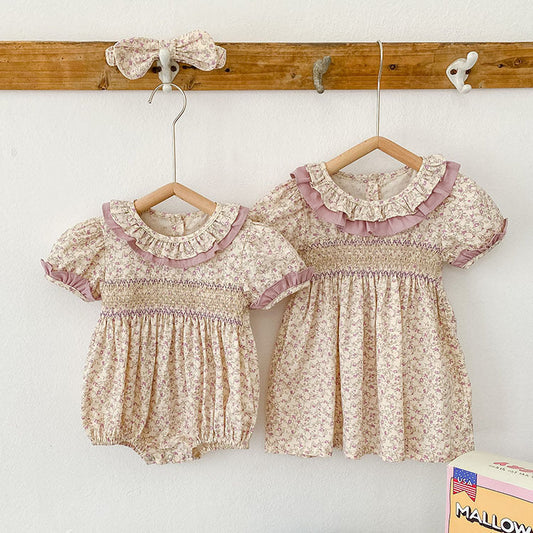 Baby Girl Ditsy Flower Ruffle Neck Dress & Onesies In Summer