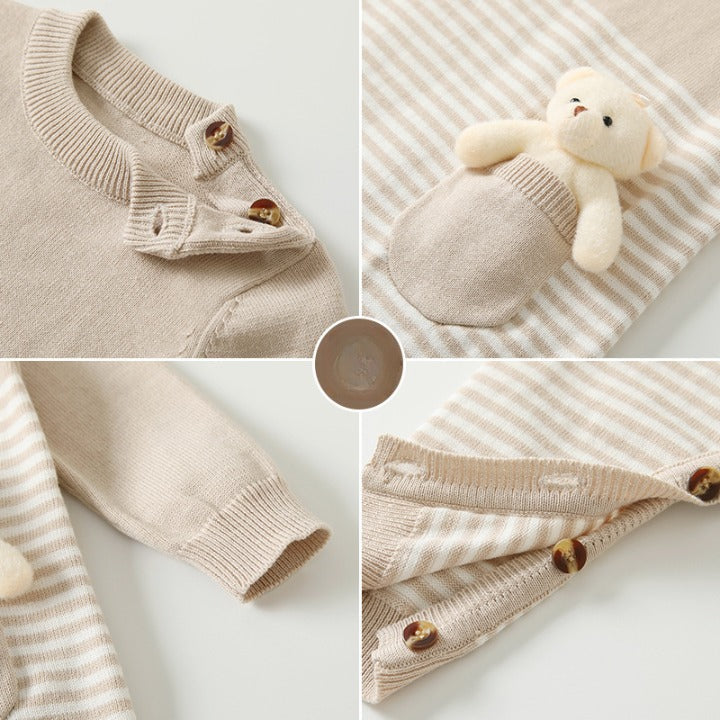 Baby Striped Knit Pattern Bear Patched Design Kintted Quality Romper