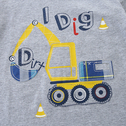 Summer Baby Kids Boys Excavator Cartoon Print T-Shirt And Plaid Shorts Clothing Set