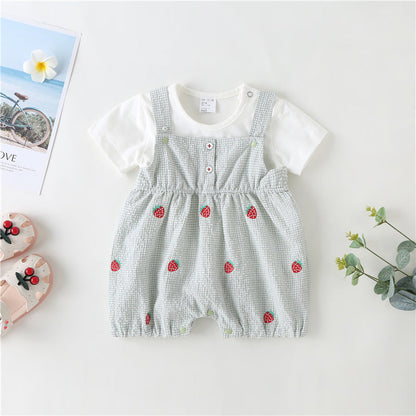 Baby Girl 1pcs Plaid Graphic Strawberries Embroidery Snap Button Jumpsuit & Solid Tee Sets