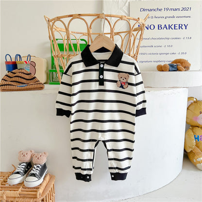 Baby Cartoon Bear Print & Striped Pattern Polo Neck Long Sleeve Romper