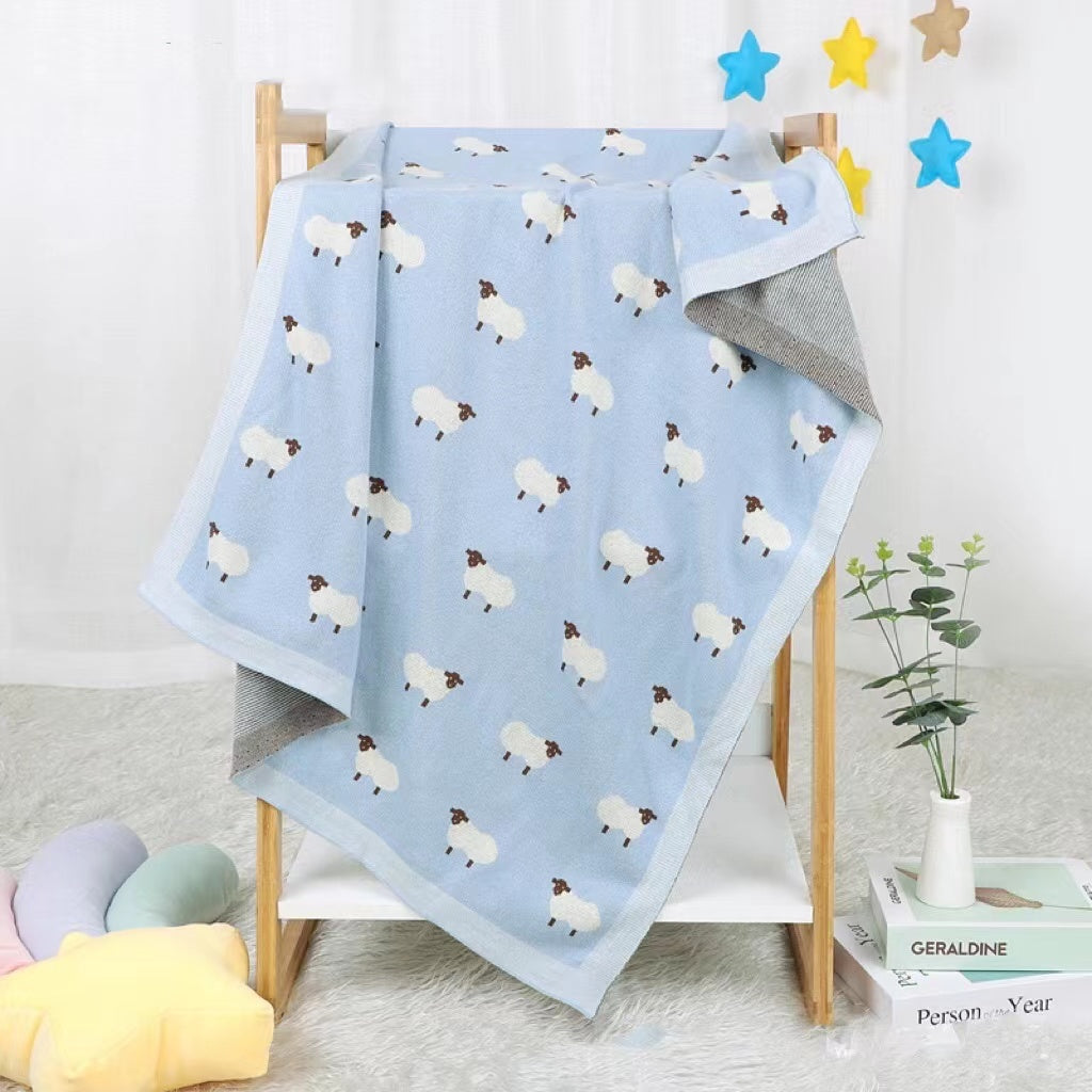 Kids Allover Cartoon Sheep Embroidered Graphic Knitted Blanket