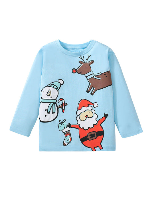 Arrival Autumn Kids’ Christmas Cartoon Santa Claus Pattern Long Sleeves T-Shirt In European And American Style For Summer