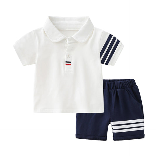 Baby Boy 1pcs Side Striped Design Quarter Button Lapel T-Shirt Combo Medium Pants Sets