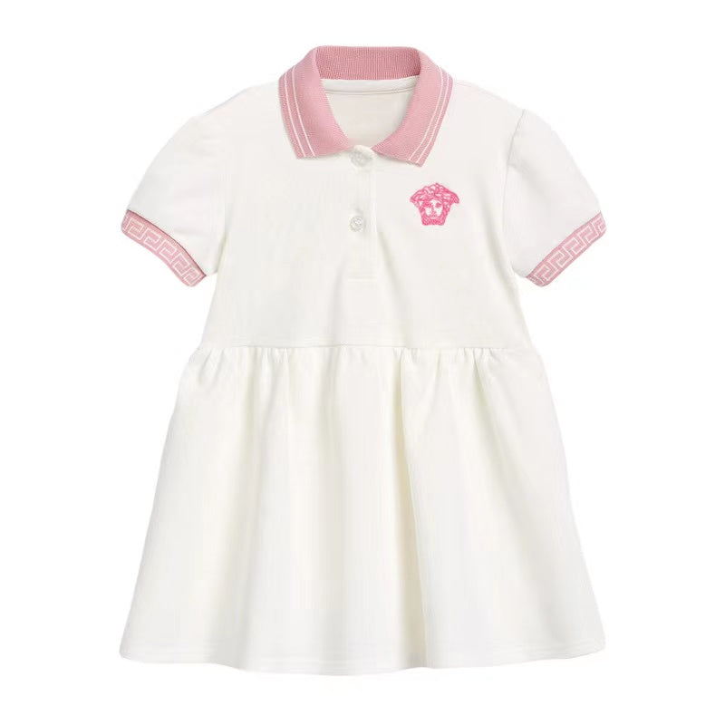 Kids Solid White Patchwork Pink Collar Short-Sleeved Dress