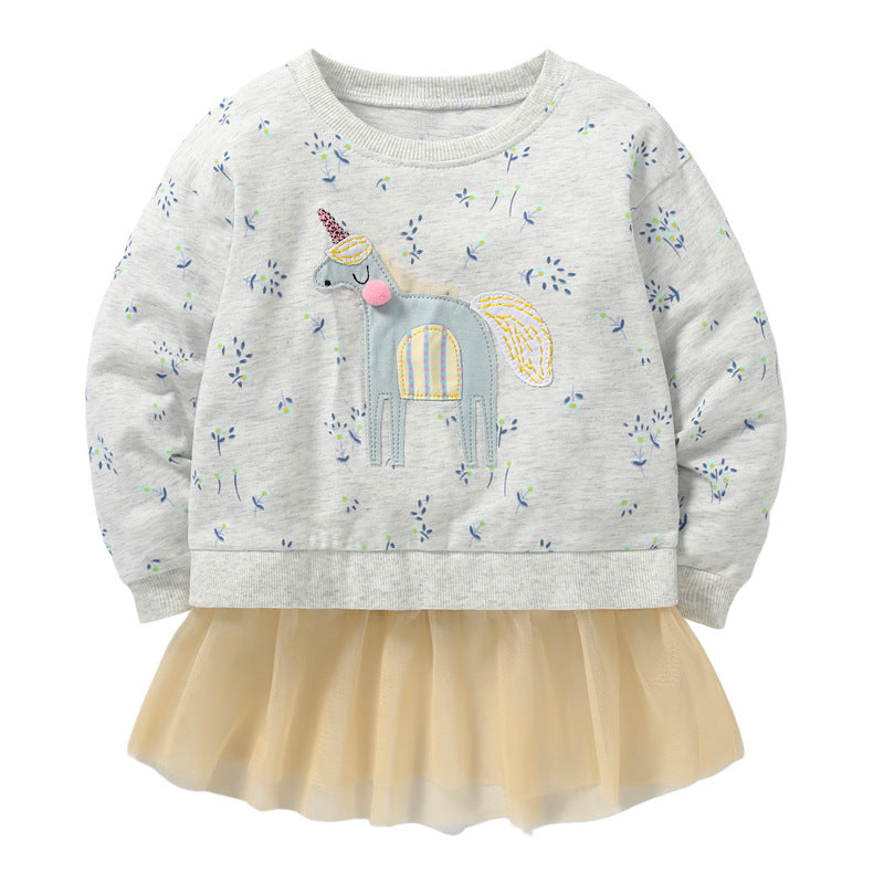 Baby Girl Unicorn & Floral Pattern Mesh Patchwork Design Hoodie