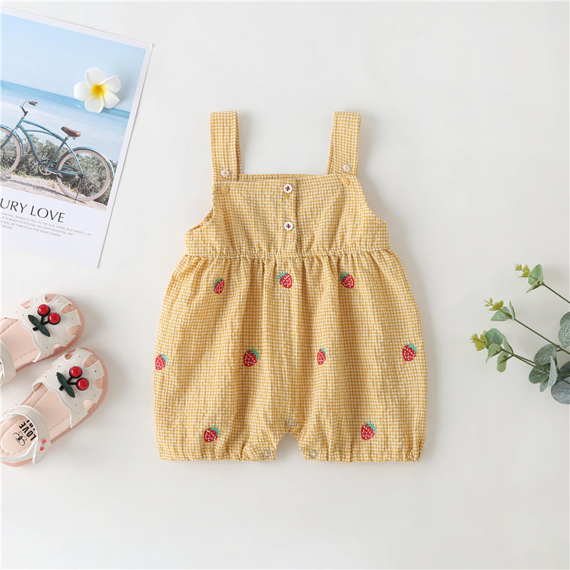 Baby Girl 1pcs Plaid Graphic Strawberries Embroidery Snap Button Jumpsuit & Solid Tee Sets