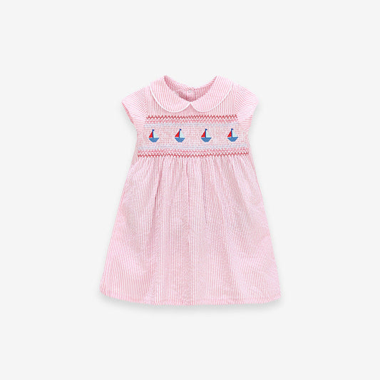 Summer Baby Girls Sleeveless Sailboat Pattern Striped Dress