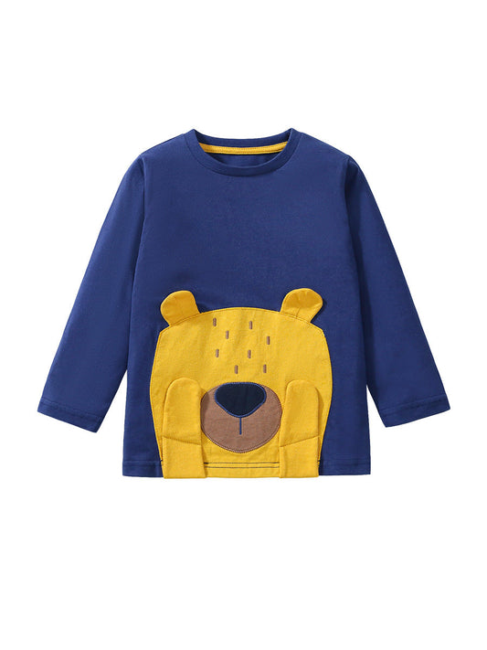 Arrival Autumn Kids’ Shy Teddy Cartoon Pattern Appliqué Embroidery Long Sleeves T-Shirt In European And American Style