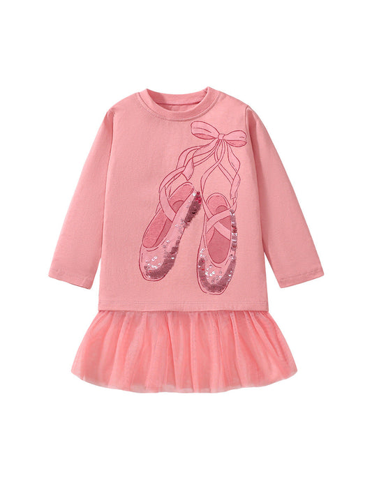 Girls’ Cartoon Dancing Shoes Long Sleeves T-Shirt Dress In European And American Style For Autumn