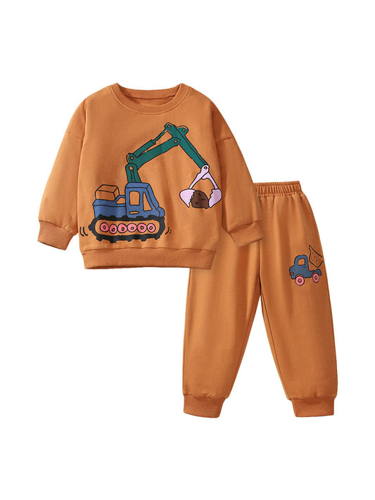 Spring And Autumn Boys Digger Pattern Long Sleeves Top Sweatshirt And Pants Clothing Set