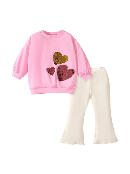 Arrival Spring And Autumn Girls Fashion Sequin Heart Long Sleeves Top T-Shirt And Flared Pants Clothing Set