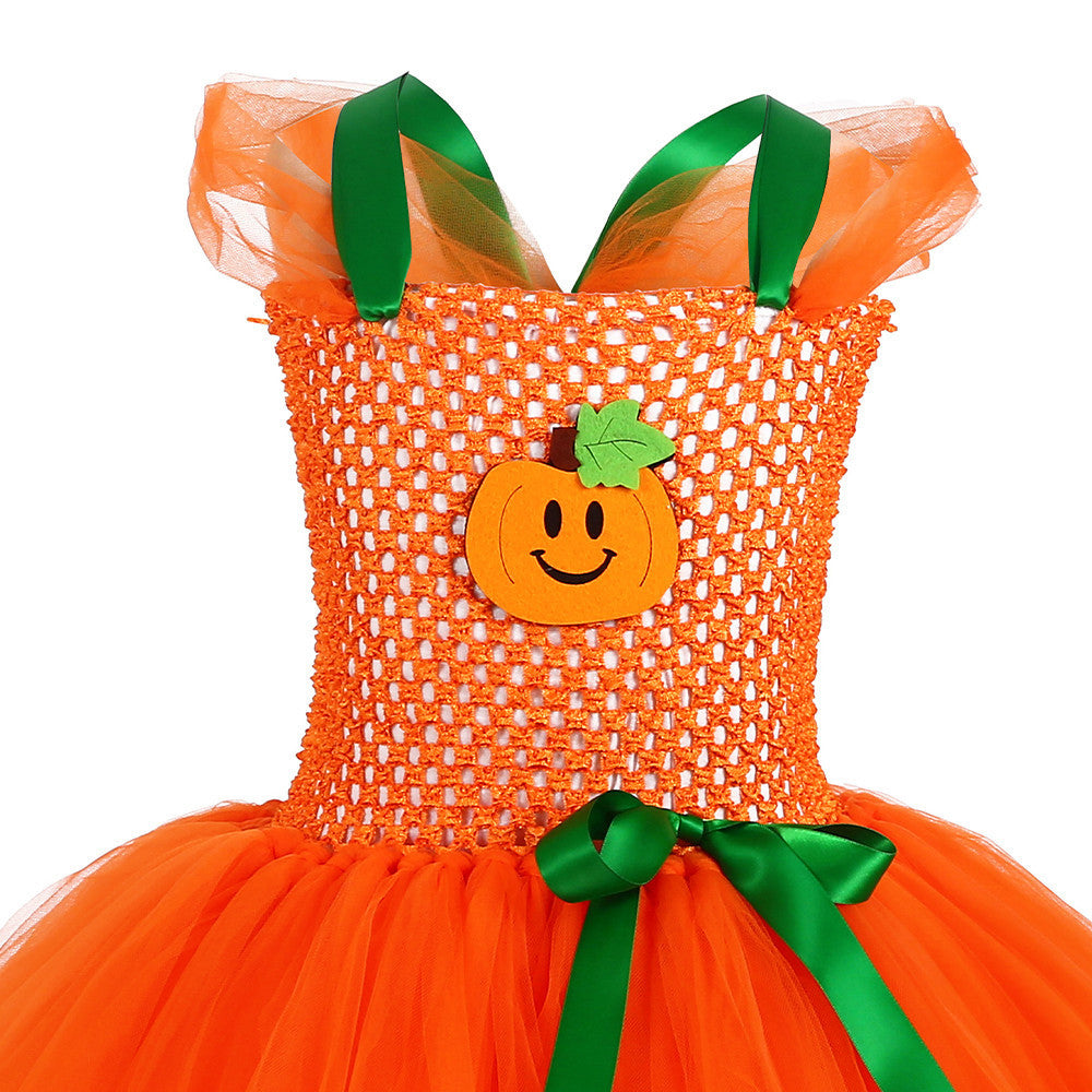 Children’s Halloween Pumpkin Tutu Dress With 3-Pieces Jewelry