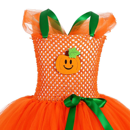 Children’s Halloween Pumpkin Tutu Dress With 3-Pieces Jewelry