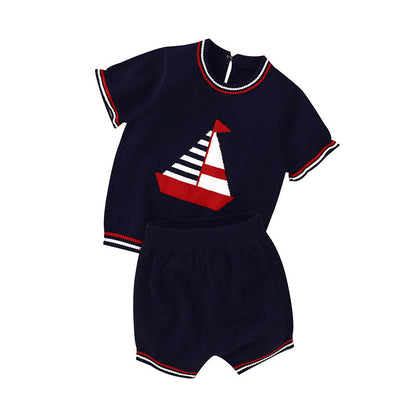 Baby Boy Embroidered Graphic Striped Neck & Sleeve Design Tee Combo Shorts Sailor Style Sets