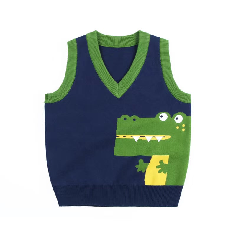 Baby Boy Cartoon Graphic Contrast Design V-Neck Sleeveless Knitted Vest Sweater