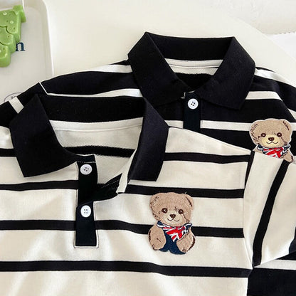 Baby Cartoon Bear Print & Striped Pattern Polo Neck Long Sleeve Romper