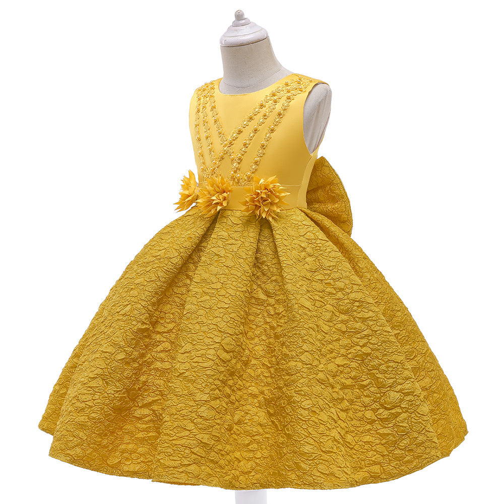 Baby Girl Flower Patched Design Solid Color Sleeveless Princess Formal Dress