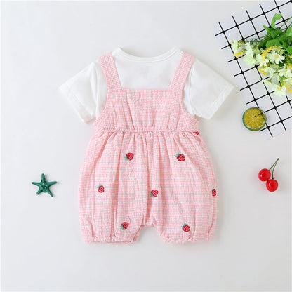 Baby Girl 1pcs Plaid Graphic Strawberries Embroidery Snap Button Jumpsuit & Solid Tee Sets