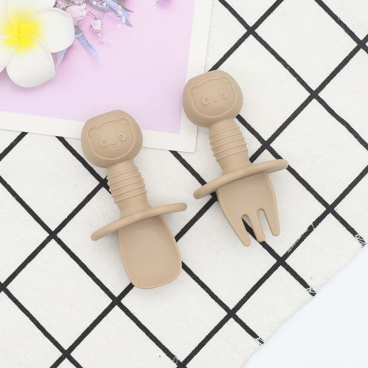 Baby Bear Pattern Complementary Food Training Lovely Silicone Spoon Fork Sets