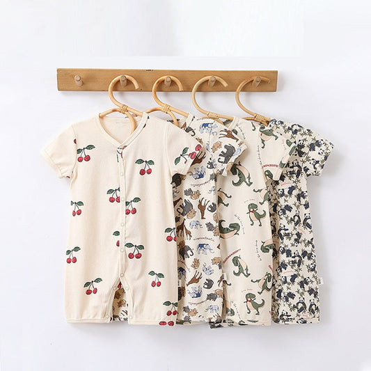 Summer Baby Boys And Girls Cartoon Print Short Sleeves Button Front Romper