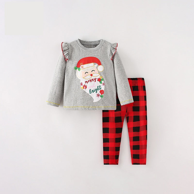 Girls Christmas Cartoon Collection Printing Design Top And Plaid Pants Set