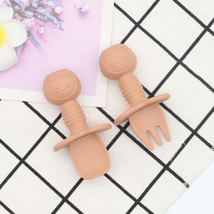 Baby Bear Pattern Complementary Food Training Lovely Silicone Spoon Fork Sets